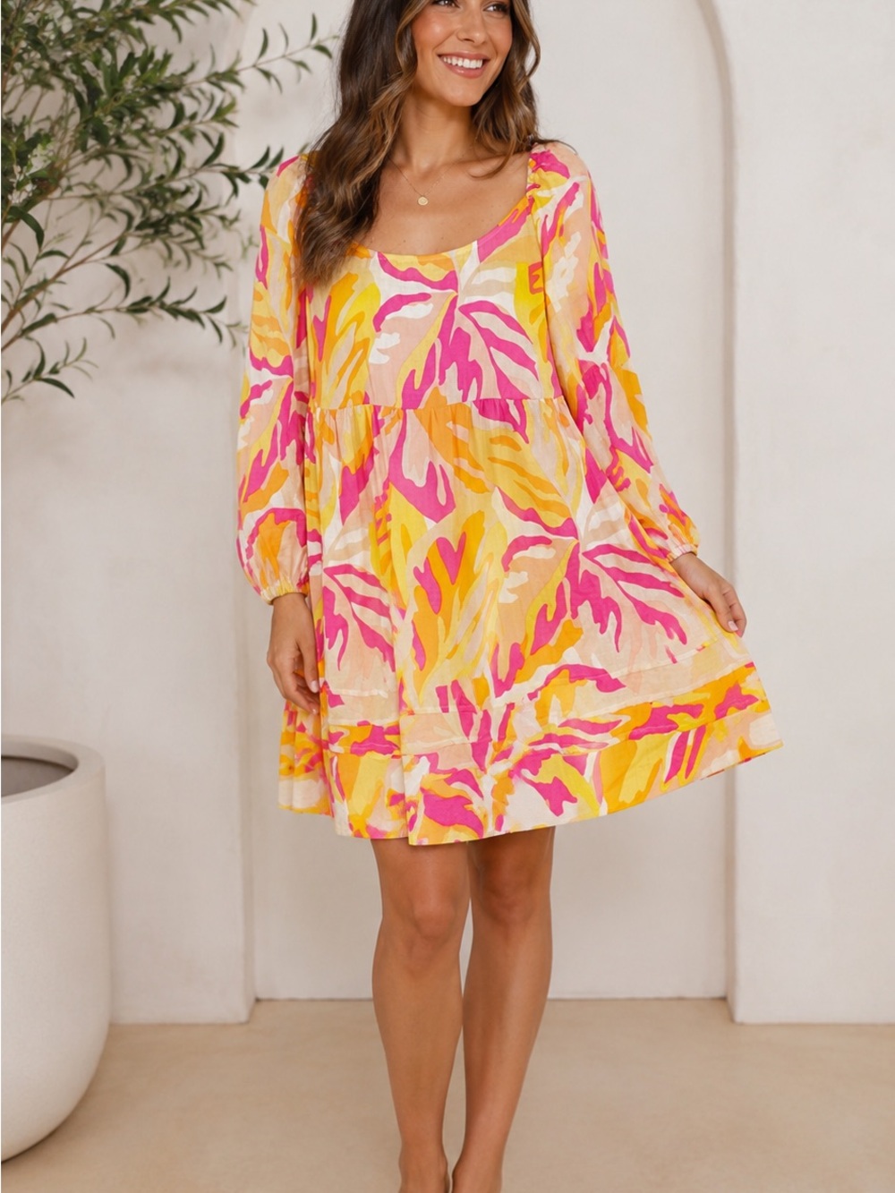Sanctuary Colorful Tropical Print Tiered Mini Dress Long Sleeve Square Neck XS